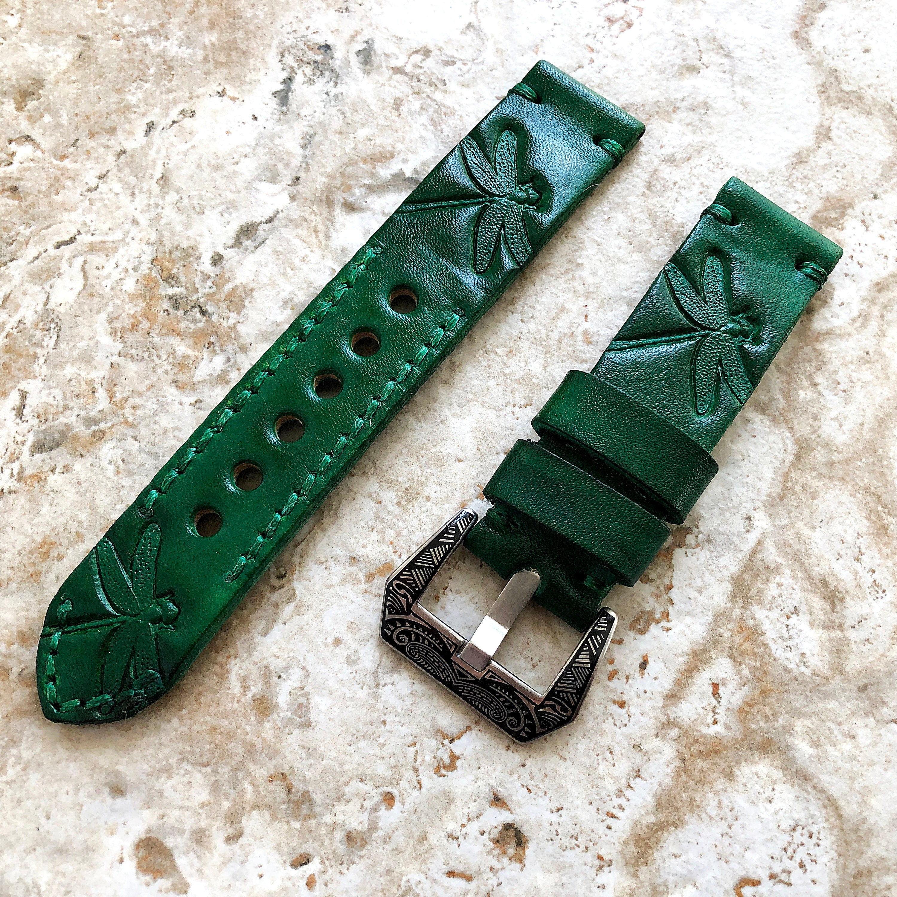 Dragonfly Band 22mm 24mm 25mm Tooled Embossed Genuine Leather Compatible with Apple Watch Fitbit Versa 2 3 4 Sense 2 Ionic Handmade Strap
